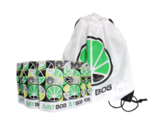 White backpack with green JustBob logo and pouches for CBD flowers and CBD weed